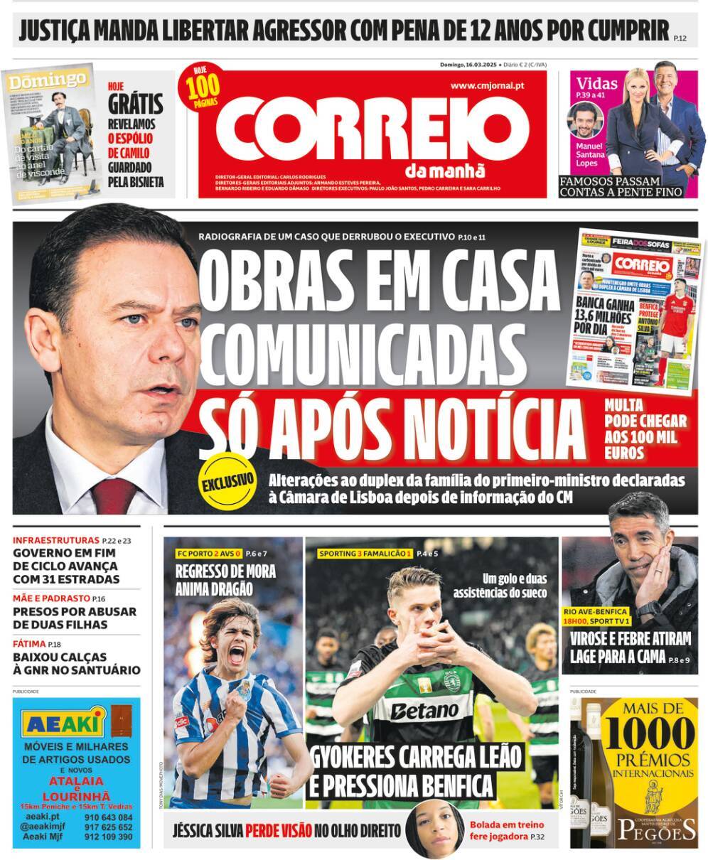 Correio da Manh&atilde;: Capa da Edi&ccedil;&atilde;o de domingo, 16 de mar&ccedil;o 2025
