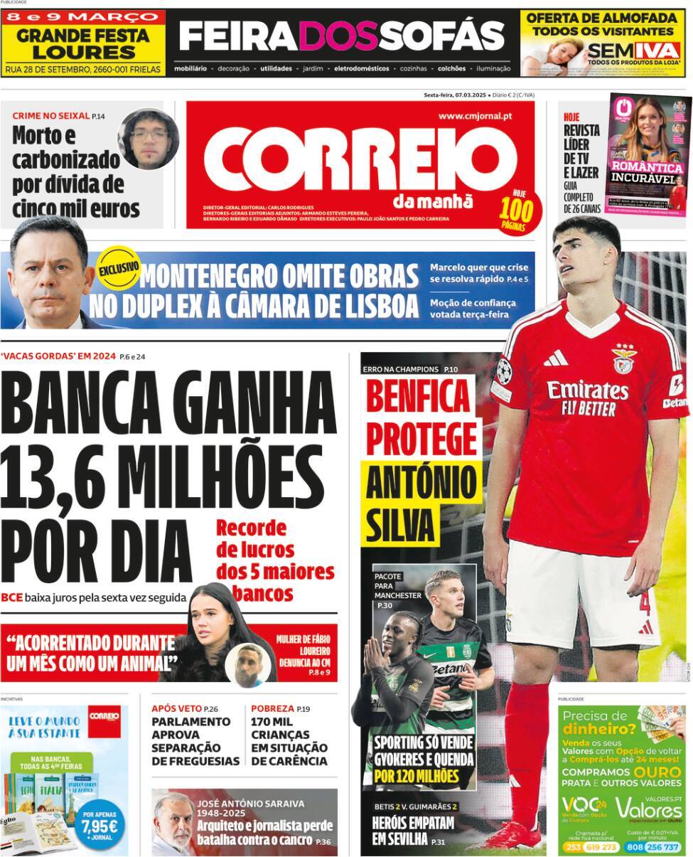 Correio da Manh&atilde;: Capa da Edi&ccedil;&atilde;o de sexta-feira, 07 de mar&ccedil;o 2025