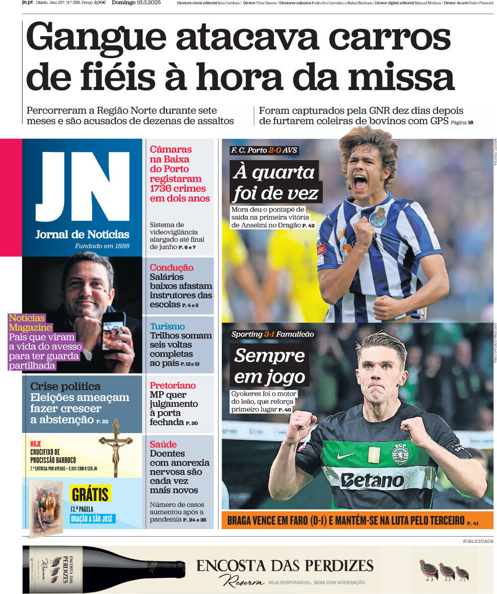 Jornal de Not&iacute;cias: Capa da Edi&ccedil;&atilde;o de domingo, 16 de mar&ccedil;o 2025