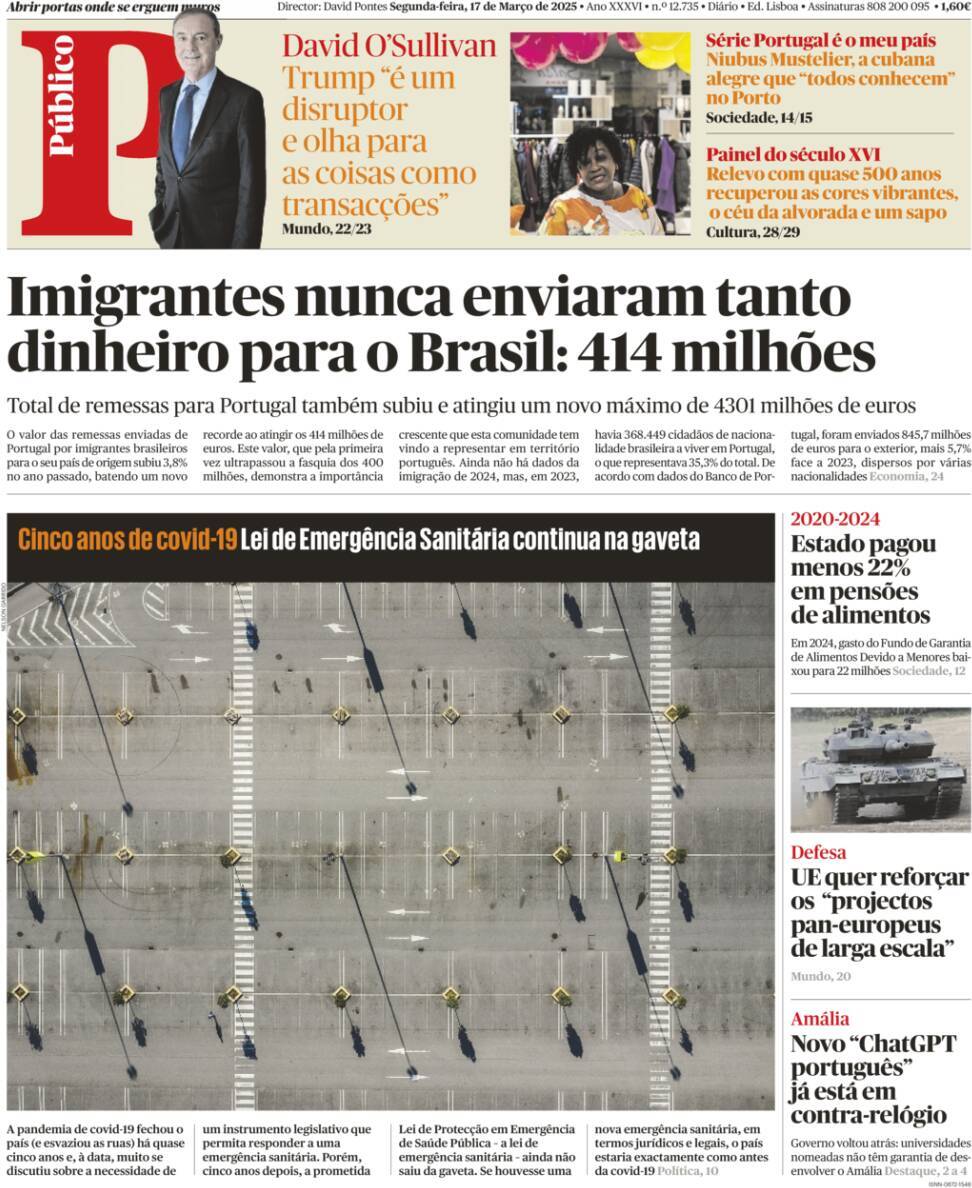 P&uacute;blico: Capa da Edi&ccedil;&atilde;o de segunda-feira, 17 de mar&ccedil;o 2025