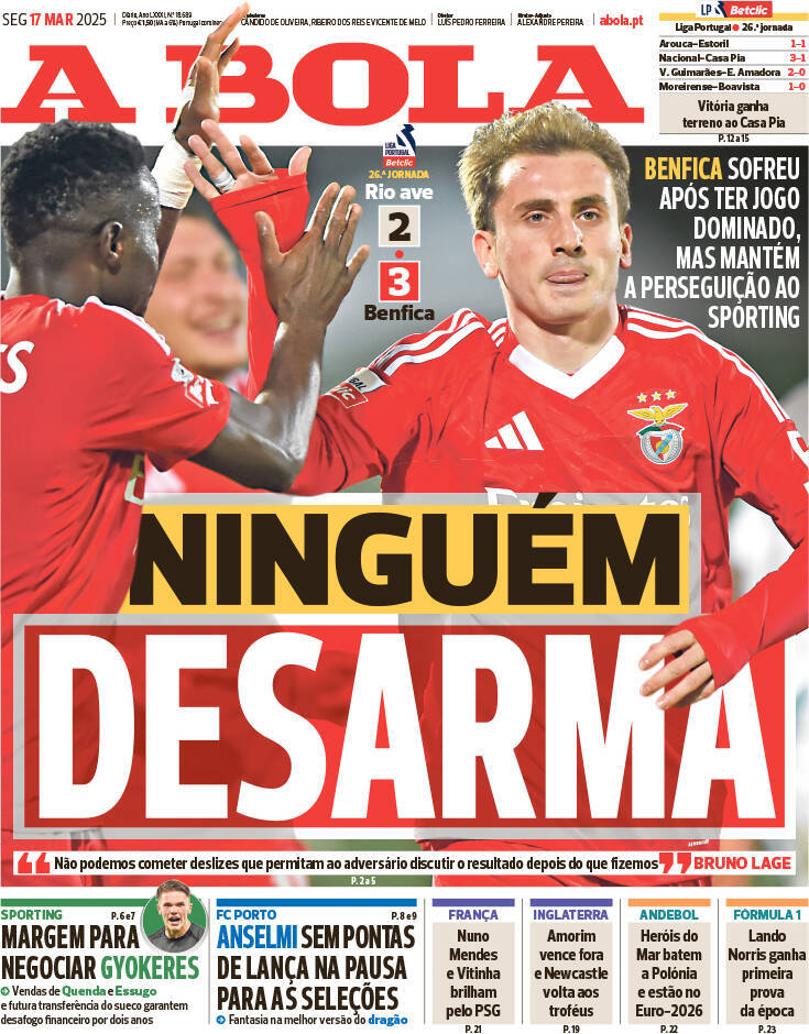 A Bola: Capa da Edi&ccedil;&atilde;o de segunda-feira, 17 de mar&ccedil;o 2025