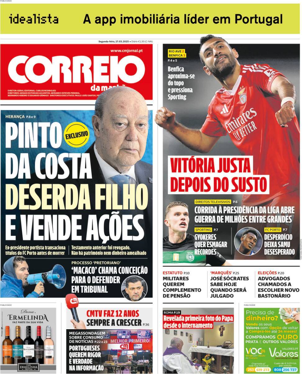 Correio da Manh&atilde;: Capa da Edi&ccedil;&atilde;o de segunda-feira, 17 de mar&ccedil;o 2025