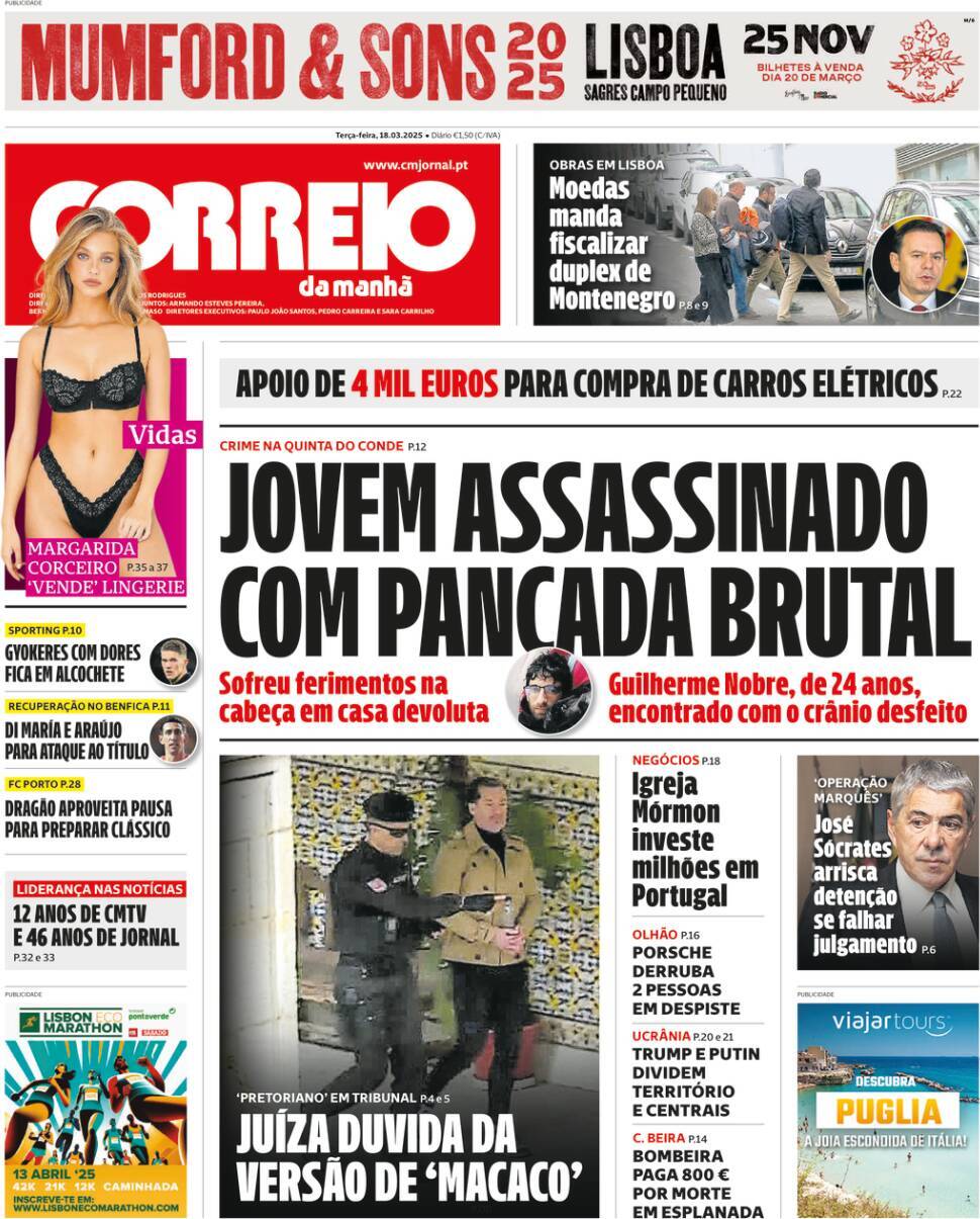 Correio da Manh&atilde;: Capa da Edi&ccedil;&atilde;o de ter&ccedil;a-feira, 18 de mar&ccedil;o 2025