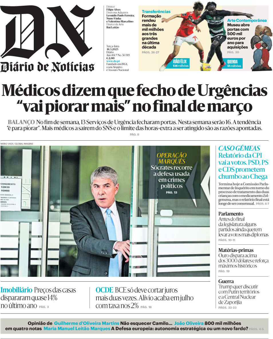 Di&aacute;rio de Not&iacute;cias: Capa da Edi&ccedil;&atilde;o de ter&ccedil;a-feira, 18 de mar&ccedil;o 2025