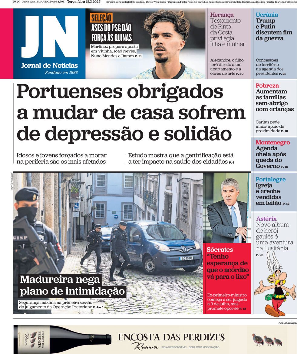 Jornal de Not&iacute;cias: Capa da Edi&ccedil;&atilde;o de ter&ccedil;a-feira, 18 de mar&ccedil;o 2025