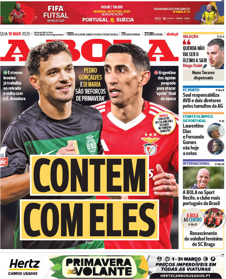 A Bola: Capa da Edi&ccedil;&atilde;o de quarta-feira, 19 de mar&ccedil;o 2025