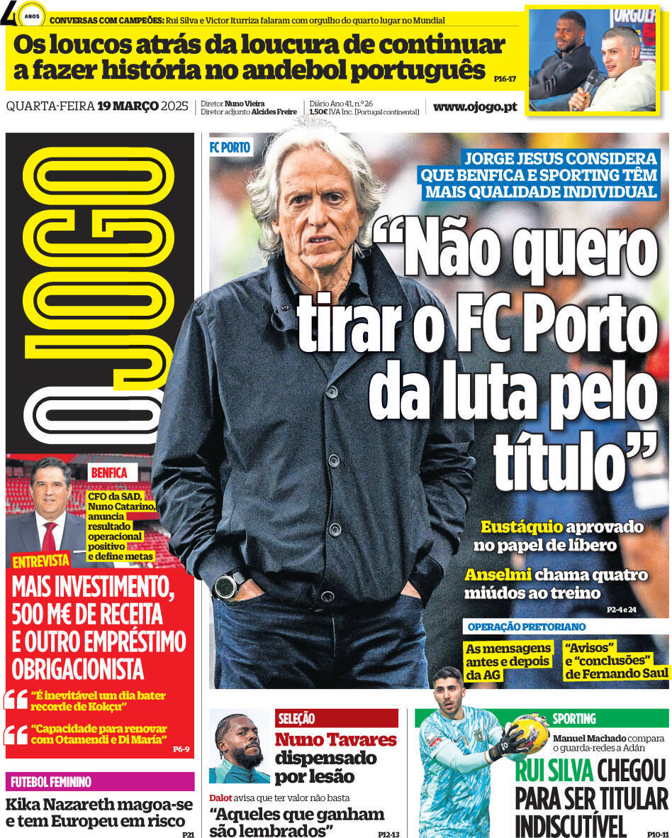 O Jogo: Capa da Edi&ccedil;&atilde;o de quarta-feira, 19 de mar&ccedil;o 2025