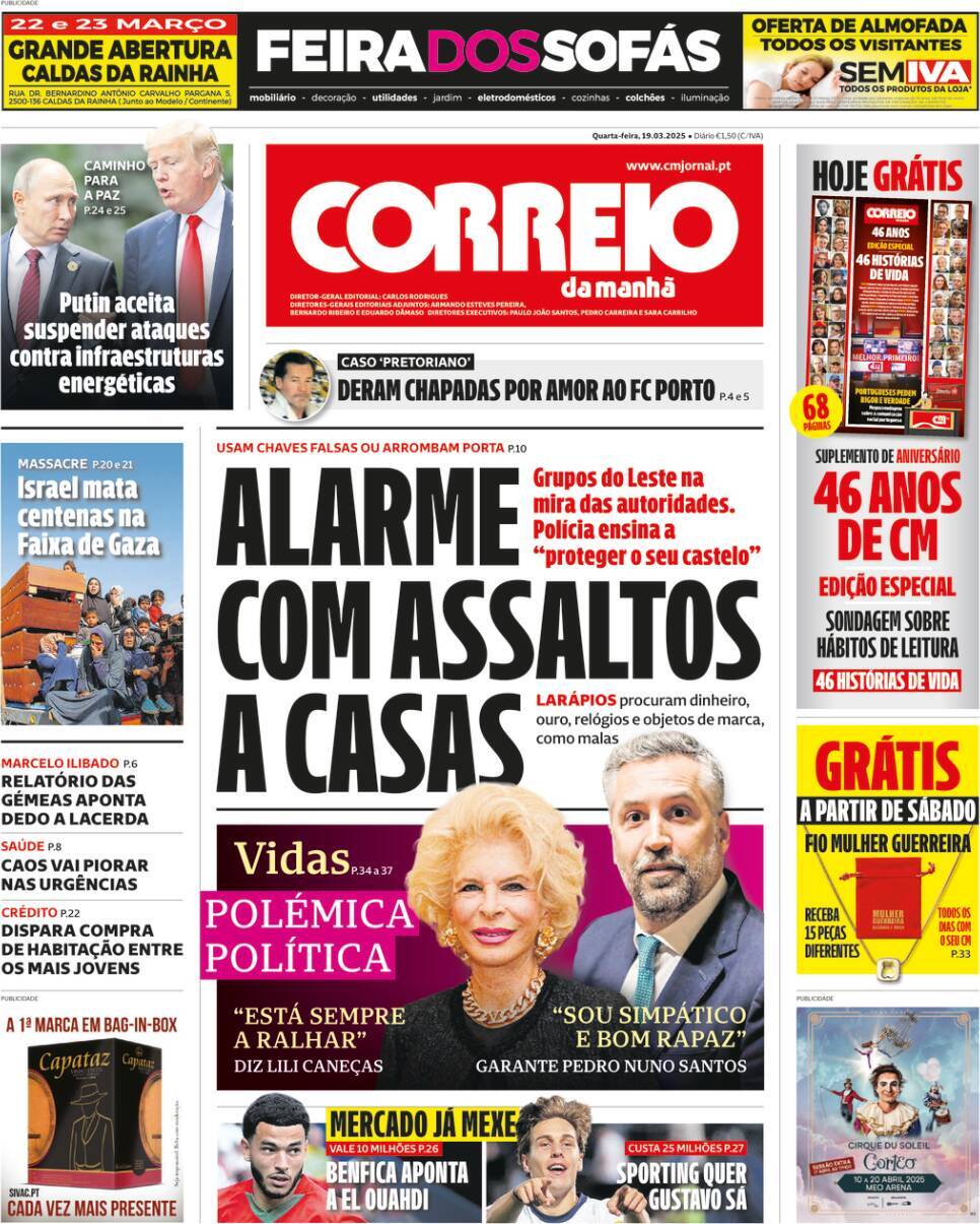 Correio da Manh&atilde;: Capa da Edi&ccedil;&atilde;o de quarta-feira, 19 de mar&ccedil;o 2025
