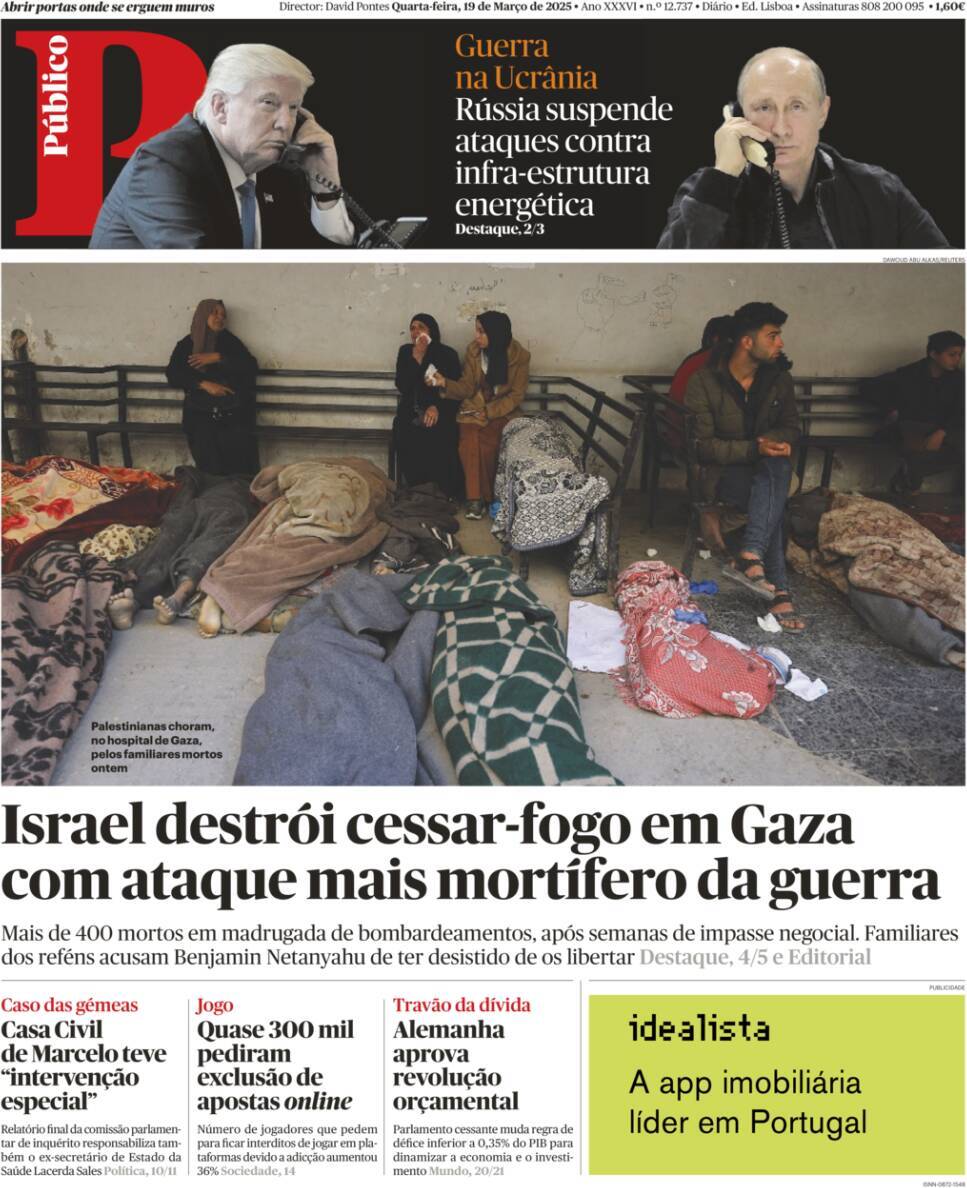 P&uacute;blico: Capa da Edi&ccedil;&atilde;o de quarta-feira, 19 de mar&ccedil;o 2025