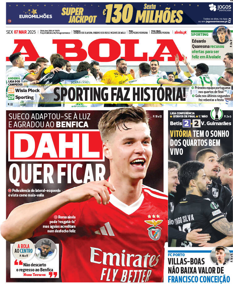 A Bola: Capa da Edi&ccedil;&atilde;o de sexta-feira, 07 de mar&ccedil;o 2025