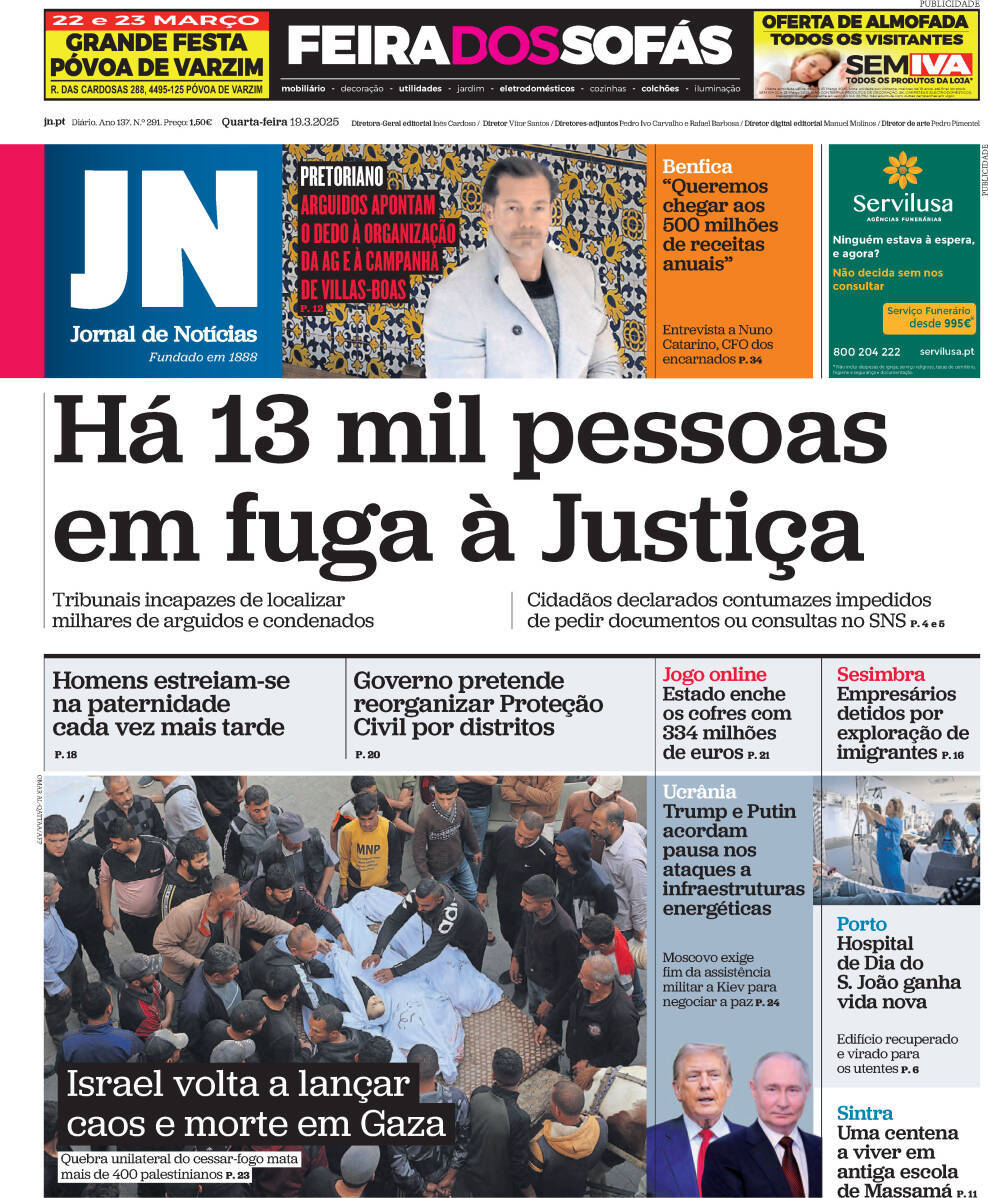 Jornal de Not&iacute;cias: Capa da Edi&ccedil;&atilde;o de quarta-feira, 19 de mar&ccedil;o 2025
