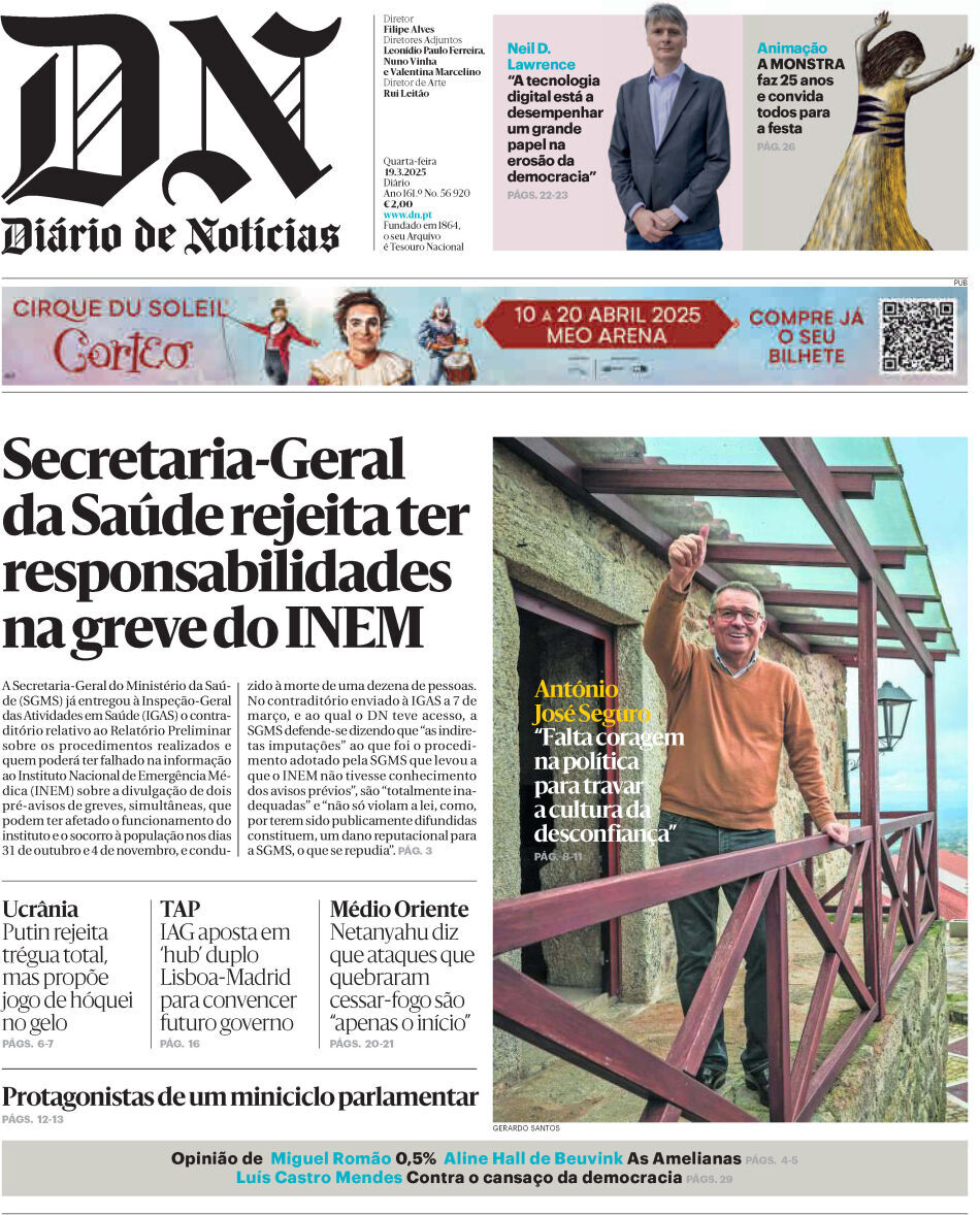 Di&aacute;rio de Not&iacute;cias: Capa da Edi&ccedil;&atilde;o de quarta-feira, 19 de mar&ccedil;o 2025