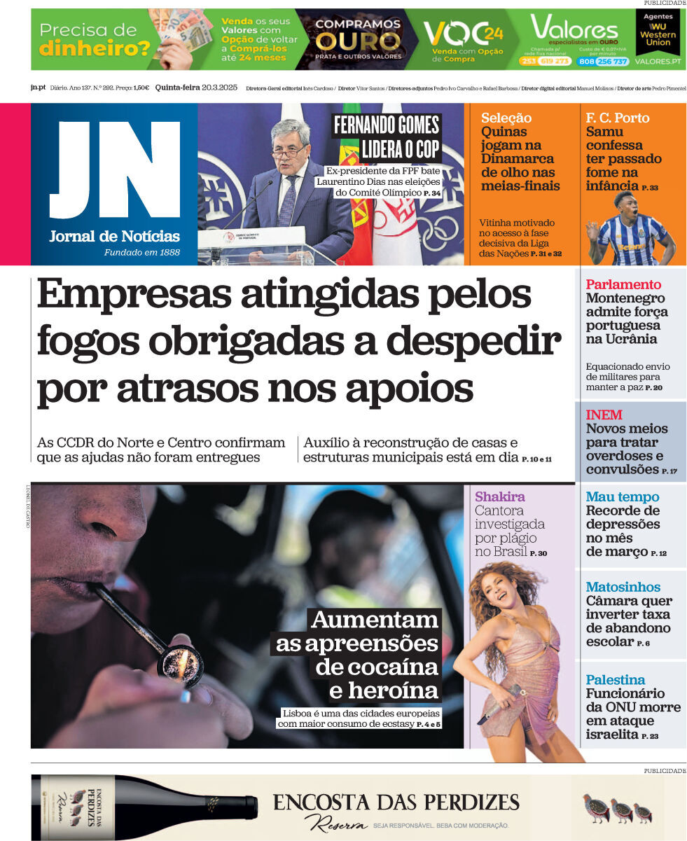 Jornal de Not&iacute;cias: Capa da Edi&ccedil;&atilde;o de quinta-feira, 20 de mar&ccedil;o 2025