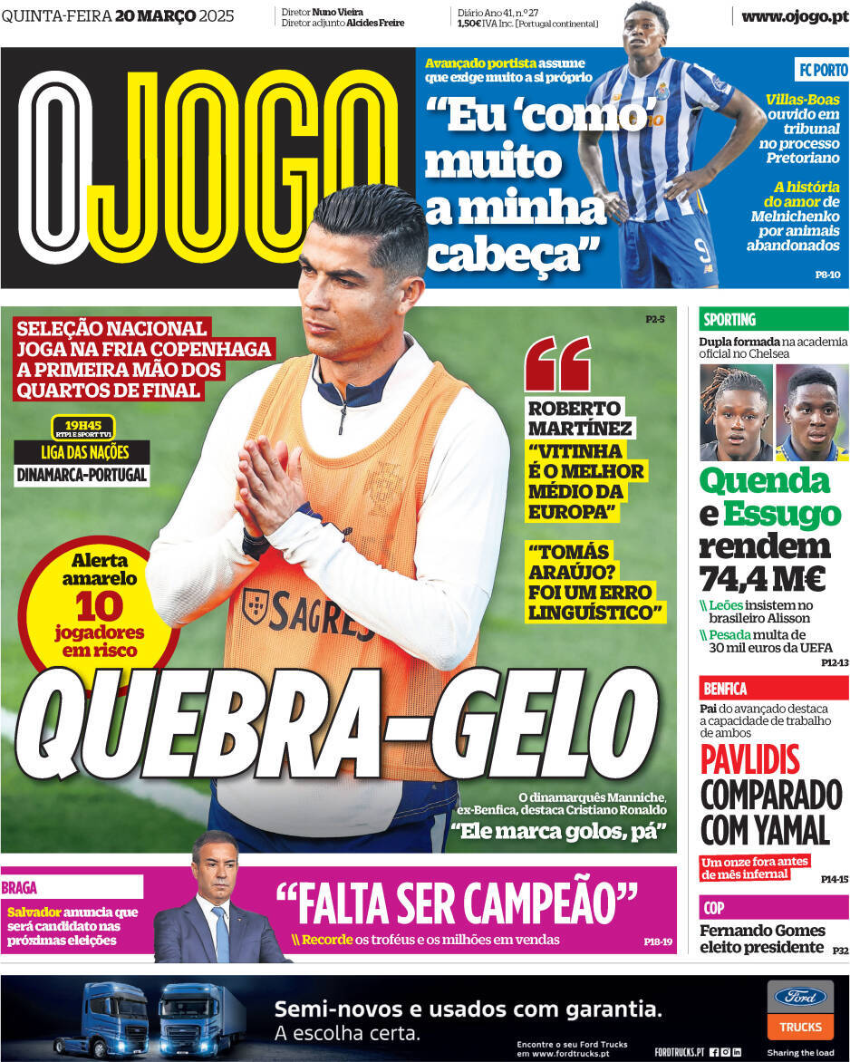 Correio da Manh&atilde;: Capa da Edi&ccedil;&atilde;o de quinta-feira, 20 de mar&ccedil;o 2025