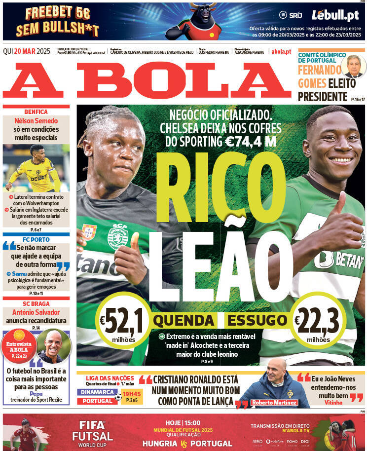 A Bola: Capa da Edi&ccedil;&atilde;o de quinta-feira, 20 de mar&ccedil;o 2025