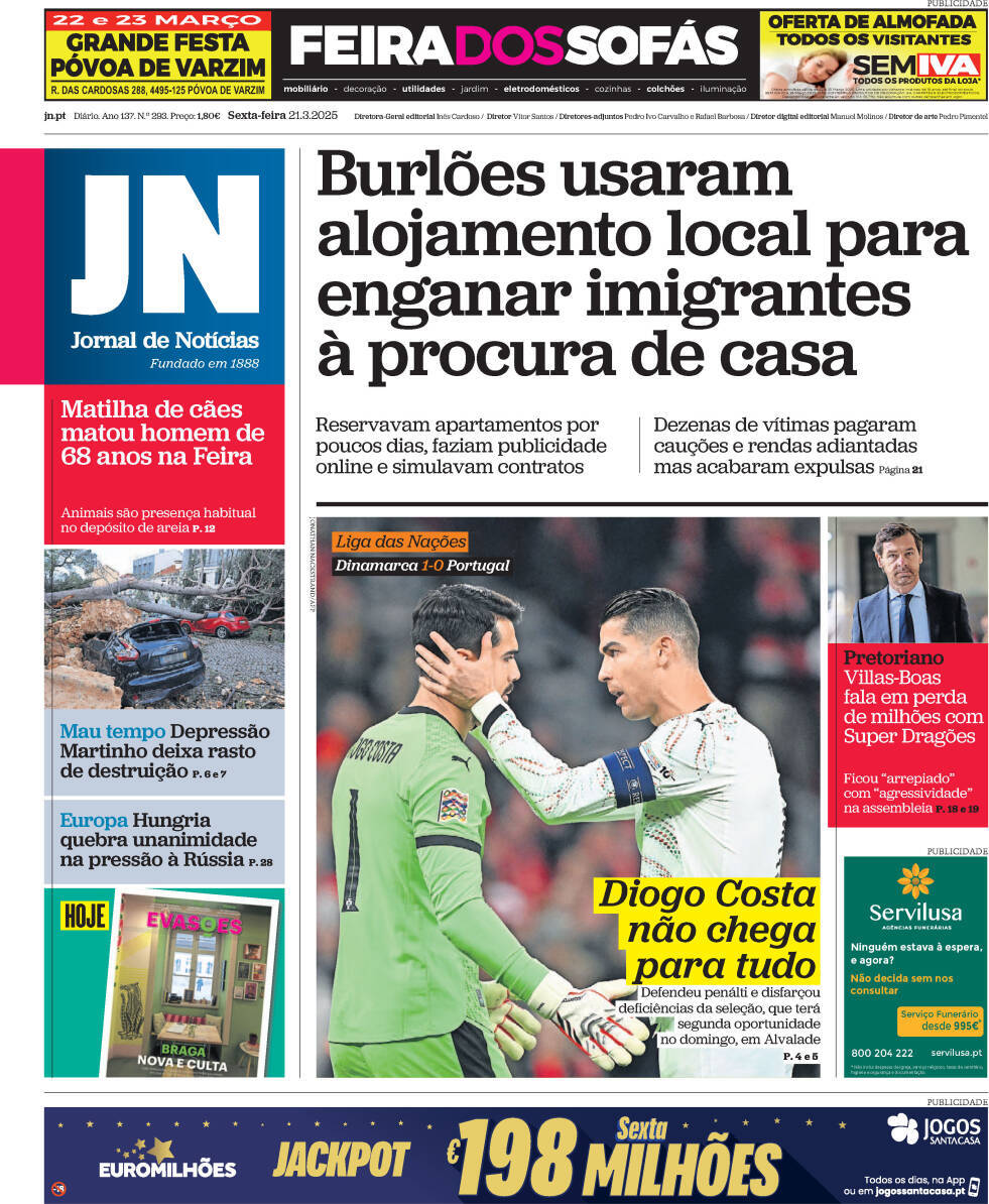 Jornal de Not&iacute;cias: Capa da Edi&ccedil;&atilde;o de sexta-feira, 21 de mar&ccedil;o 2025