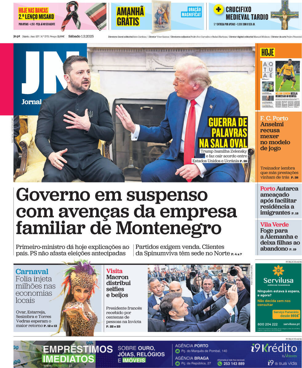 Jornal de Not&iacute;cias: Capa da Edi&ccedil;&atilde;o de s&aacute;bado, 01 de mar&ccedil;o 2025