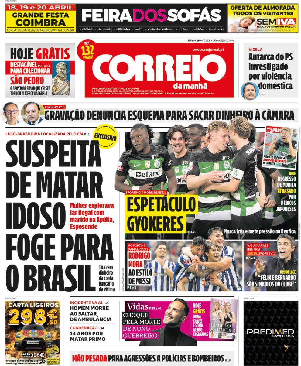 Correio da Manh&atilde;: Capa da Edi&ccedil;&atilde;o de s&aacute;bado, 19 de abril 2025