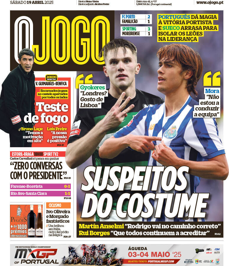 O Jogo: Capa da Edi&ccedil;&atilde;o de s&aacute;bado, 19 de abril 2025