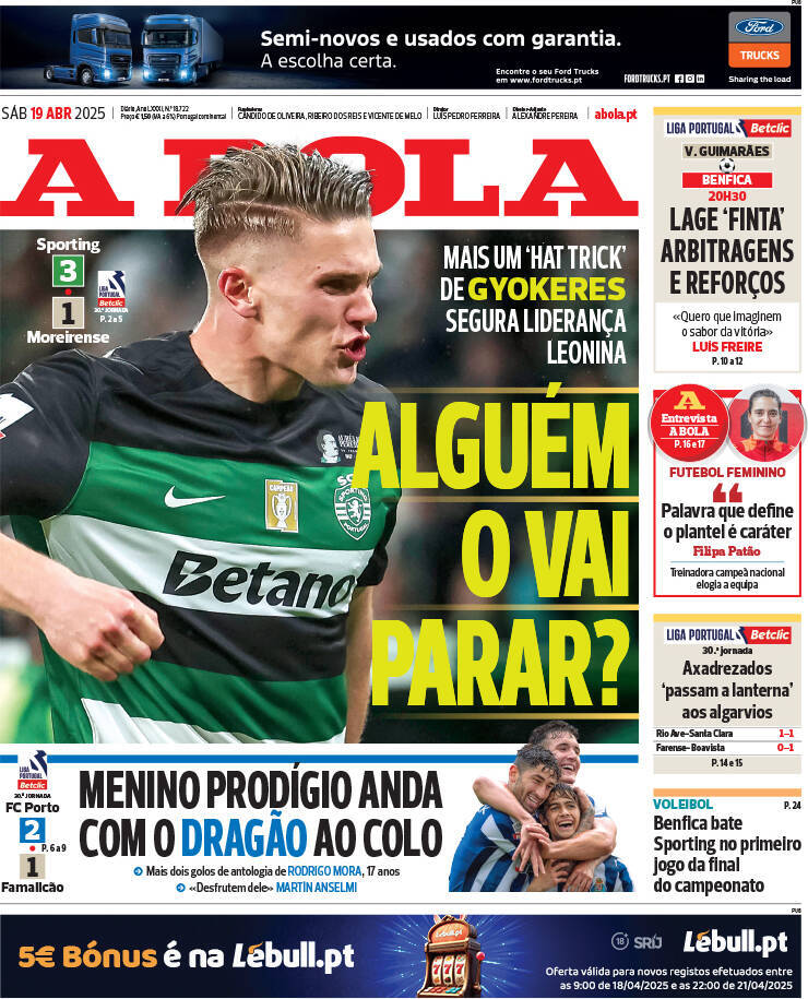 A Bola: Capa da Edi&ccedil;&atilde;o de s&aacute;bado, 19 de abril 2025