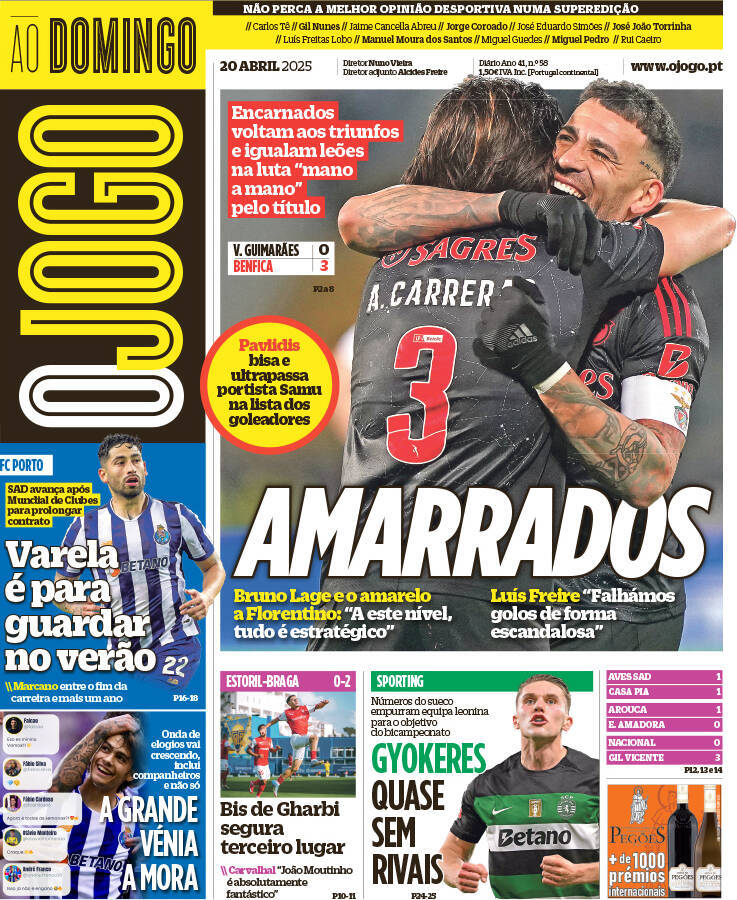 O Jogo: Capa da Edi&ccedil;&atilde;o de domingo, 20 de abril 2025