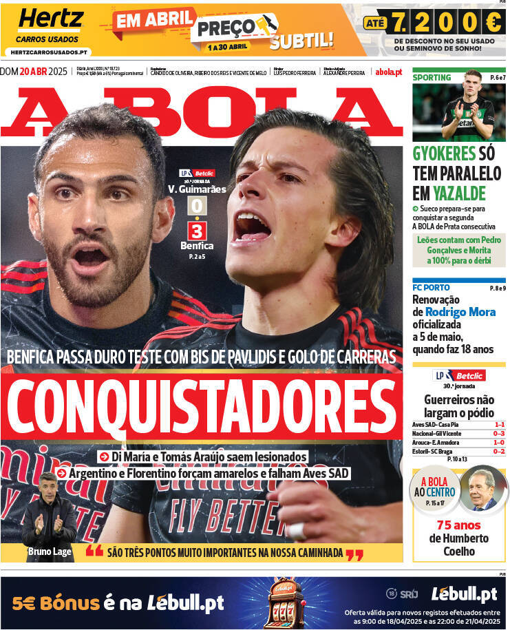 A Bola: Capa da Edi&ccedil;&atilde;o de domingo, 20 de abril 2025