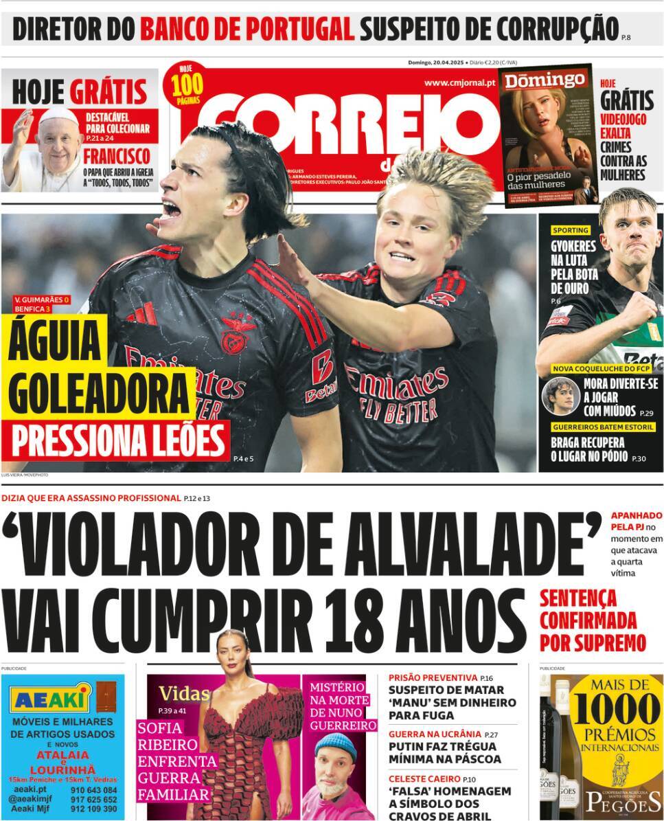 Correio da Manh&atilde;: Capa da Edi&ccedil;&atilde;o de domingo, 20 de abril 2025