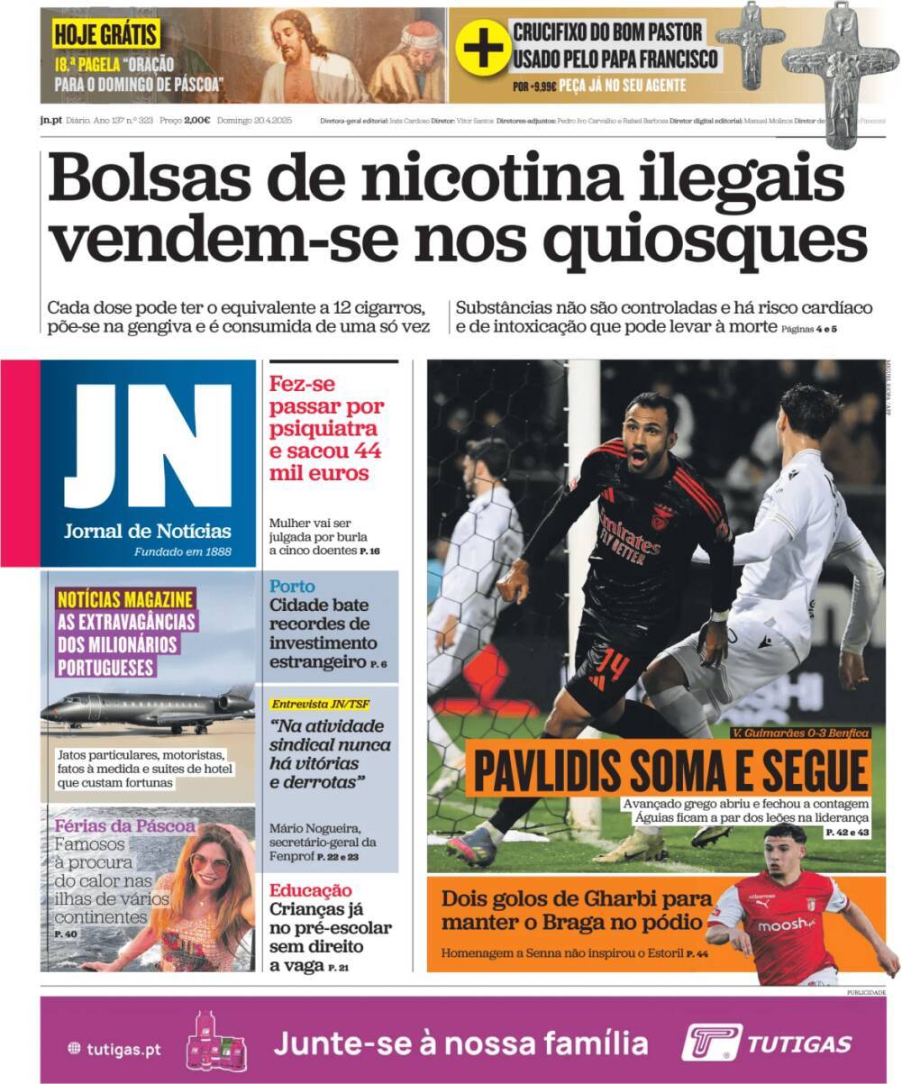Jornal de Not&iacute;cias: Capa da Edi&ccedil;&atilde;o de domingo, 20 de abril 2025