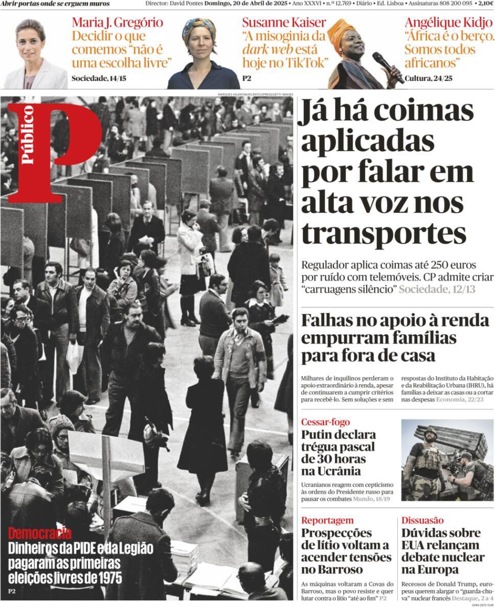 P&uacute;blico: Capa da Edi&ccedil;&atilde;o de domingo, 20 de abril 2025