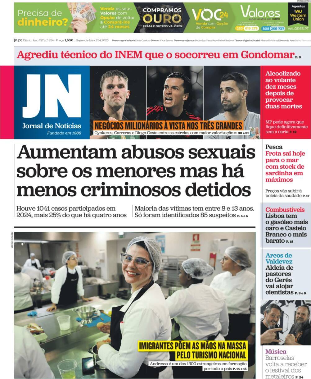 Jornal de Not&iacute;cias: Capa da Edi&ccedil;&atilde;o de segunda-feira, 21 de abril 2025