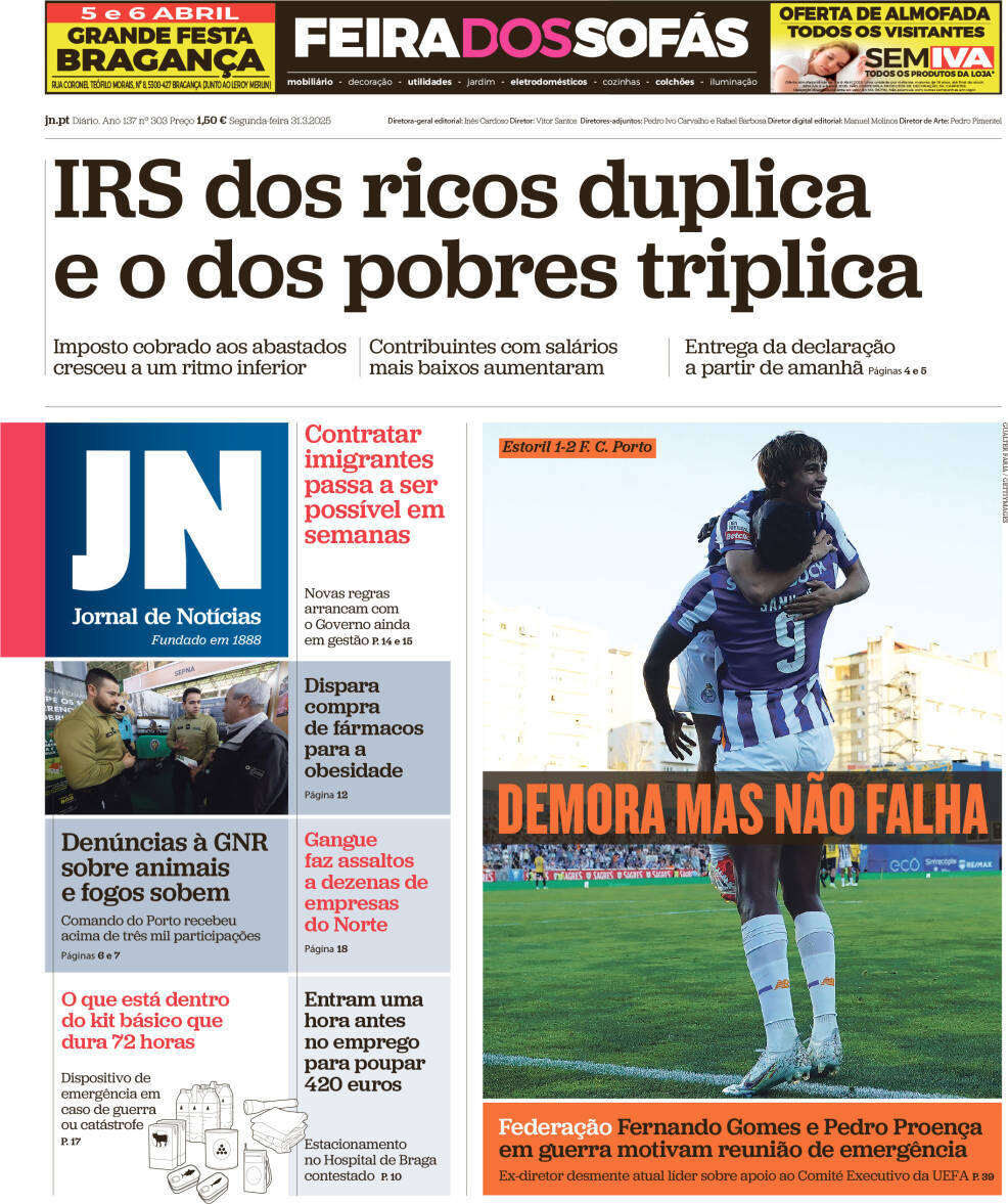 Jornal de Not&iacute;cias: Capa da Edi&ccedil;&atilde;o de quarta-feira, 02 de abril 2025