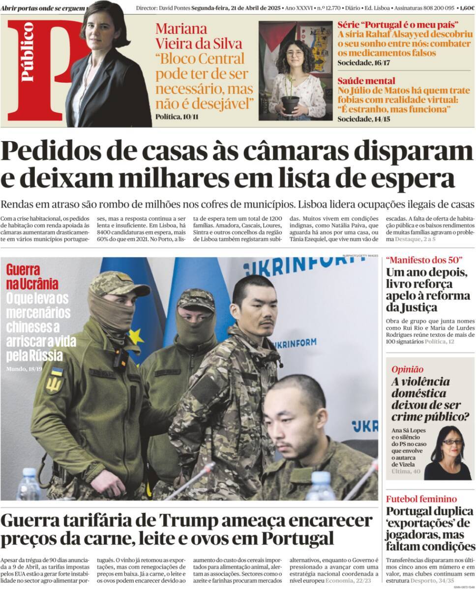 P&uacute;blico: Capa da Edi&ccedil;&atilde;o de segunda-feira, 21 de abril 2025