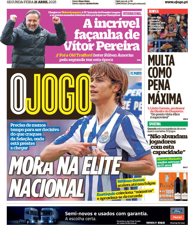 O Jogo: Capa da Edi&ccedil;&atilde;o de segunda-feira, 21 de abril 2025