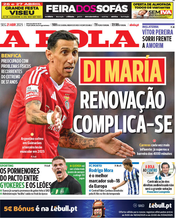 A Bola: Capa da Edi&ccedil;&atilde;o de segunda-feira, 21 de abril 2025