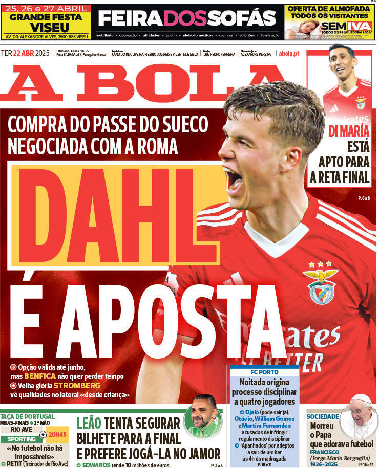 A Bola: Capa da Edi&ccedil;&atilde;o de ter&ccedil;a-feira, 22 de abril 2025