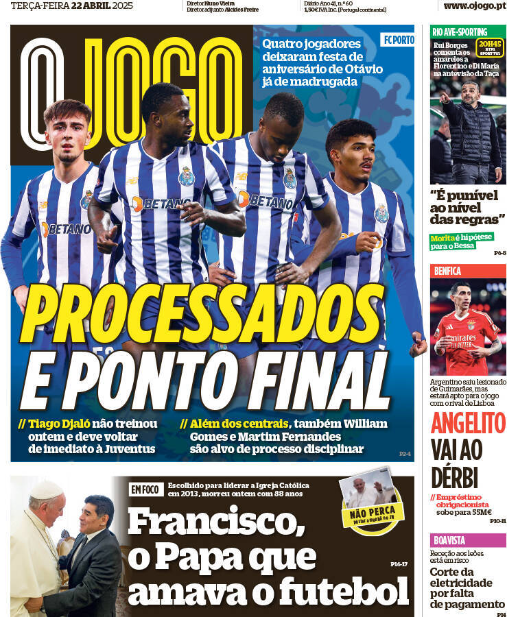 O Jogo: Capa da Edi&ccedil;&atilde;o de ter&ccedil;a-feira, 22 de abril 2025