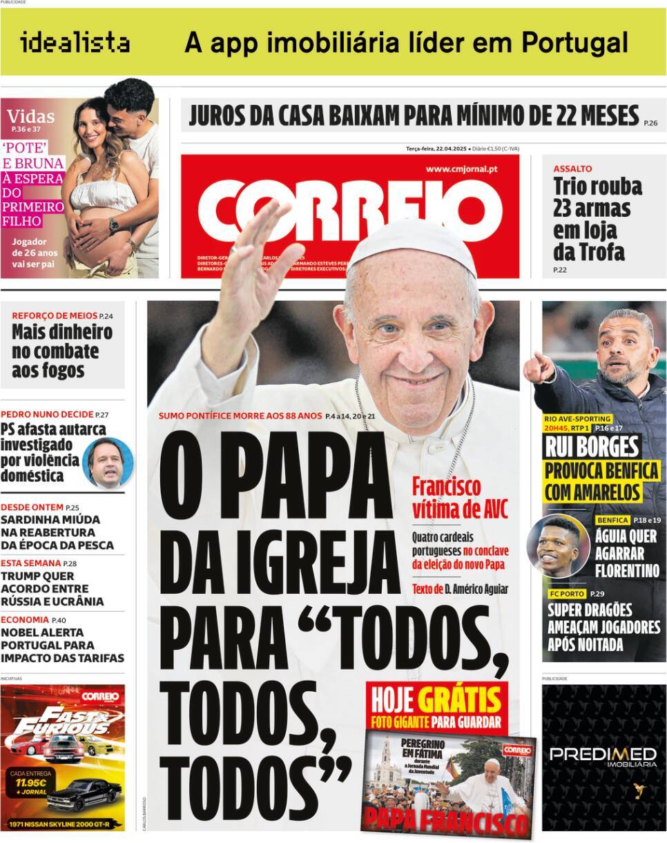 Correio da Manh&atilde;: Capa da Edi&ccedil;&atilde;o de ter&ccedil;a-feira, 22 de abril 2025
