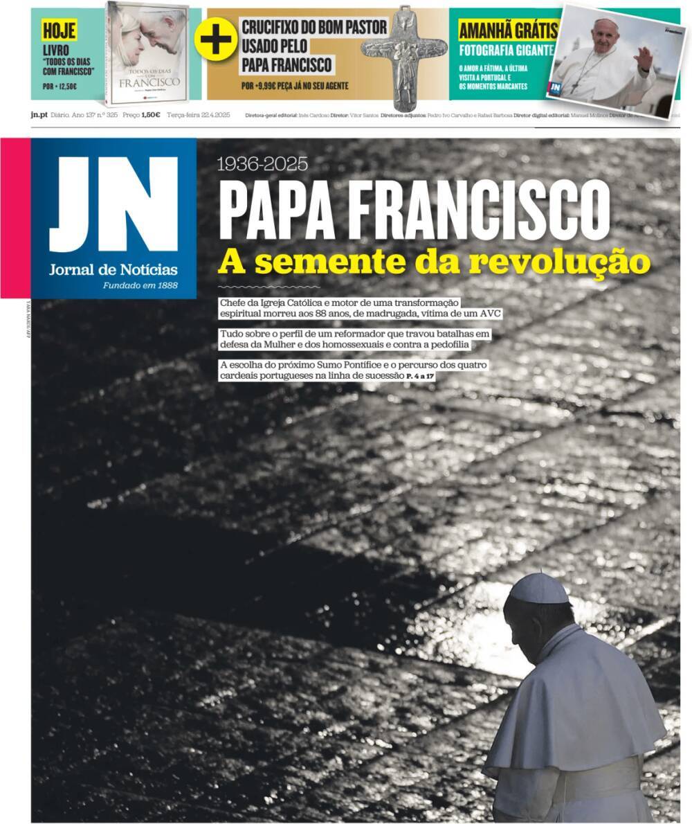 Jornal de Not&iacute;cias: Capa da Edi&ccedil;&atilde;o de ter&ccedil;a-feira, 22 de abril 2025