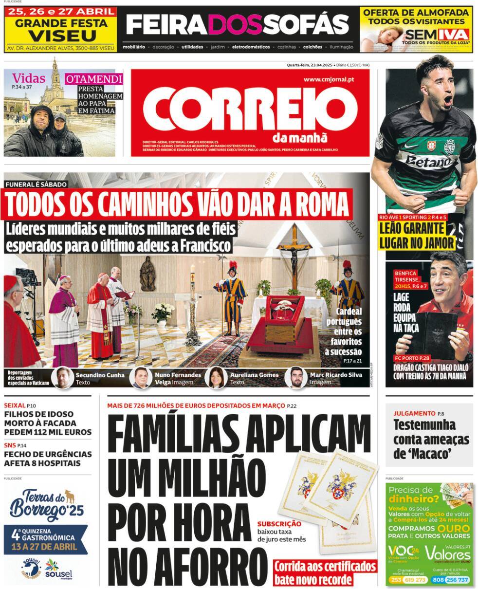 Correio da Manh&atilde;: Capa da Edi&ccedil;&atilde;o de quarta-feira, 23 de abril 2025