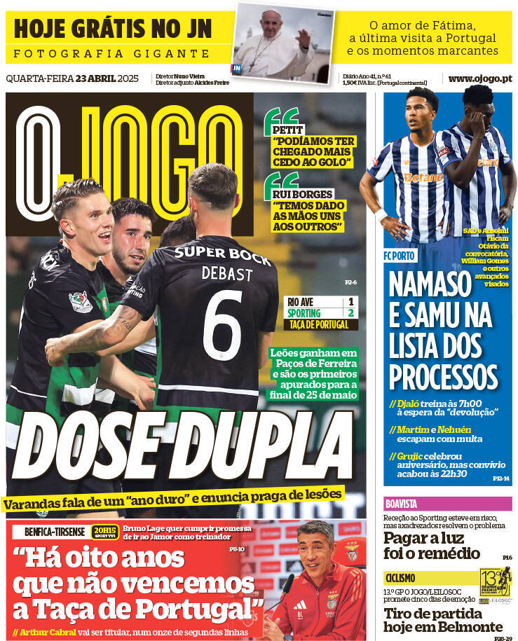 O Jogo: Capa da Edi&ccedil;&atilde;o de quarta-feira, 23 de abril 2025