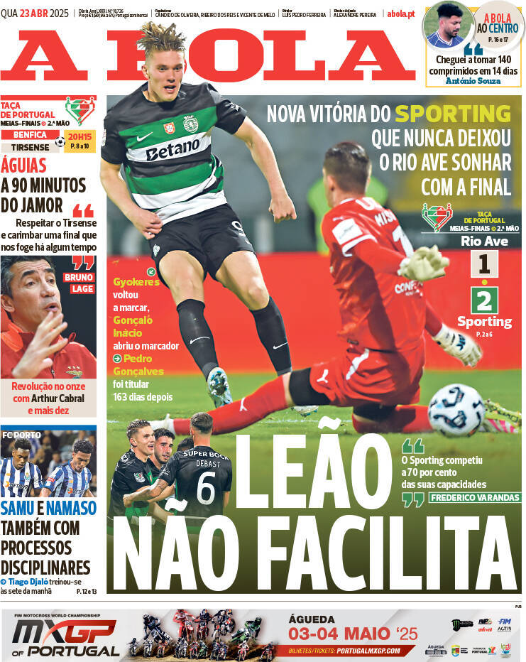 A Bola: Capa da Edi&ccedil;&atilde;o de quarta-feira, 23 de abril 2025