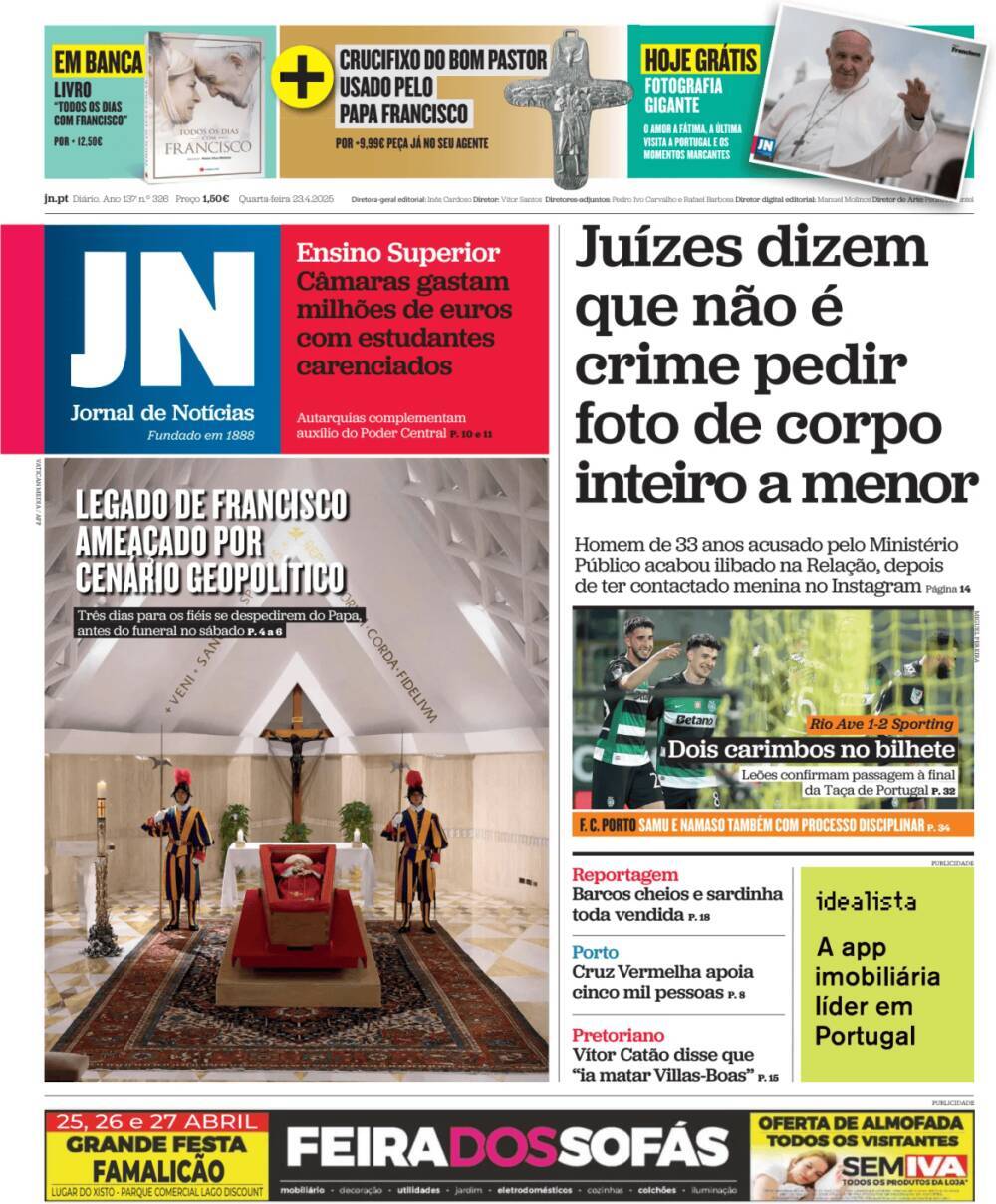 Jornal de Not&iacute;cias: Capa da Edi&ccedil;&atilde;o de quarta-feira, 23 de abril 2025