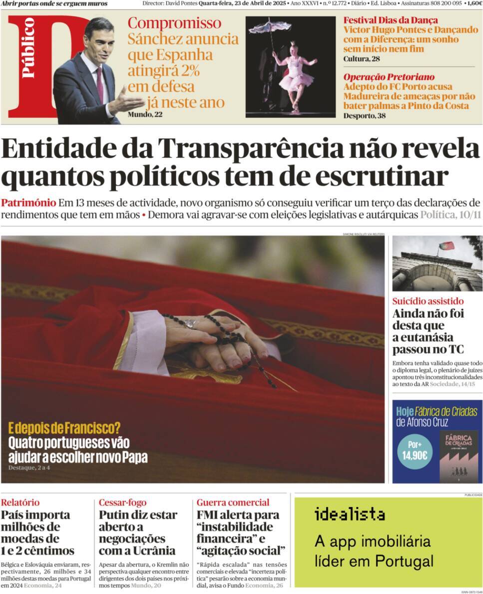 P&uacute;blico: Capa da Edi&ccedil;&atilde;o de quarta-feira, 23 de abril 2025