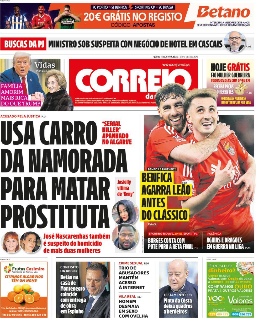 Correio da Manh&atilde;: Capa da Edi&ccedil;&atilde;o de quinta-feira, 03 de abril 2025