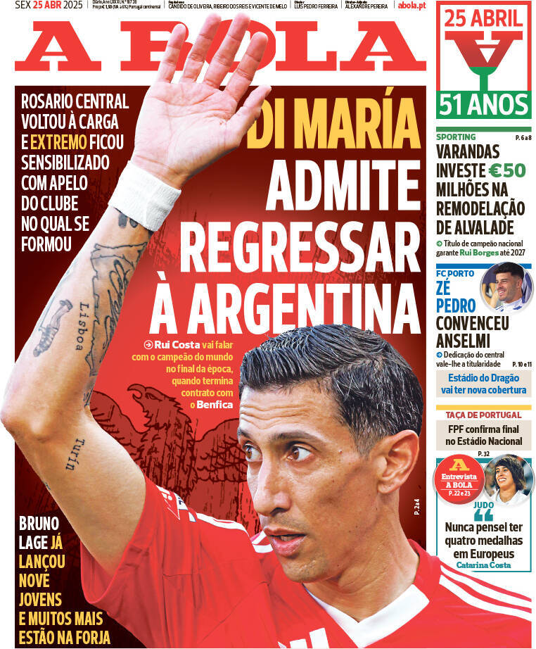 A Bola: Capa da Edi&ccedil;&atilde;o de sexta-feira, 25 de abril 2025