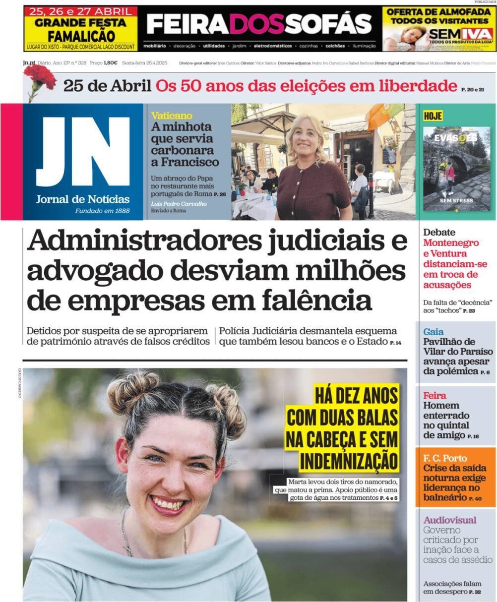 Jornal de Not&iacute;cias: Capa da Edi&ccedil;&atilde;o de sexta-feira, 25 de abril 2025