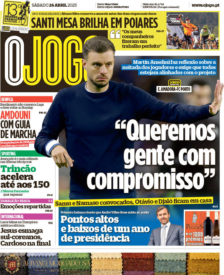 O Jogo: Capa da Edi&ccedil;&atilde;o de s&aacute;bado, 26 de abril 2025