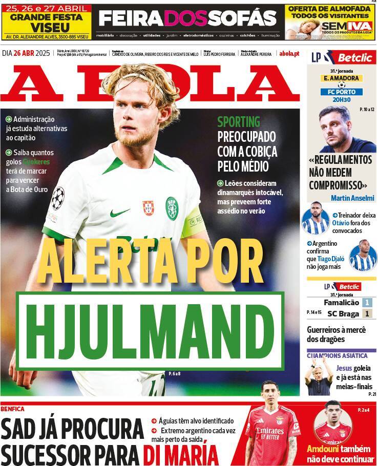 A Bola: Capa da Edi&ccedil;&atilde;o de s&aacute;bado, 26 de abril 2025