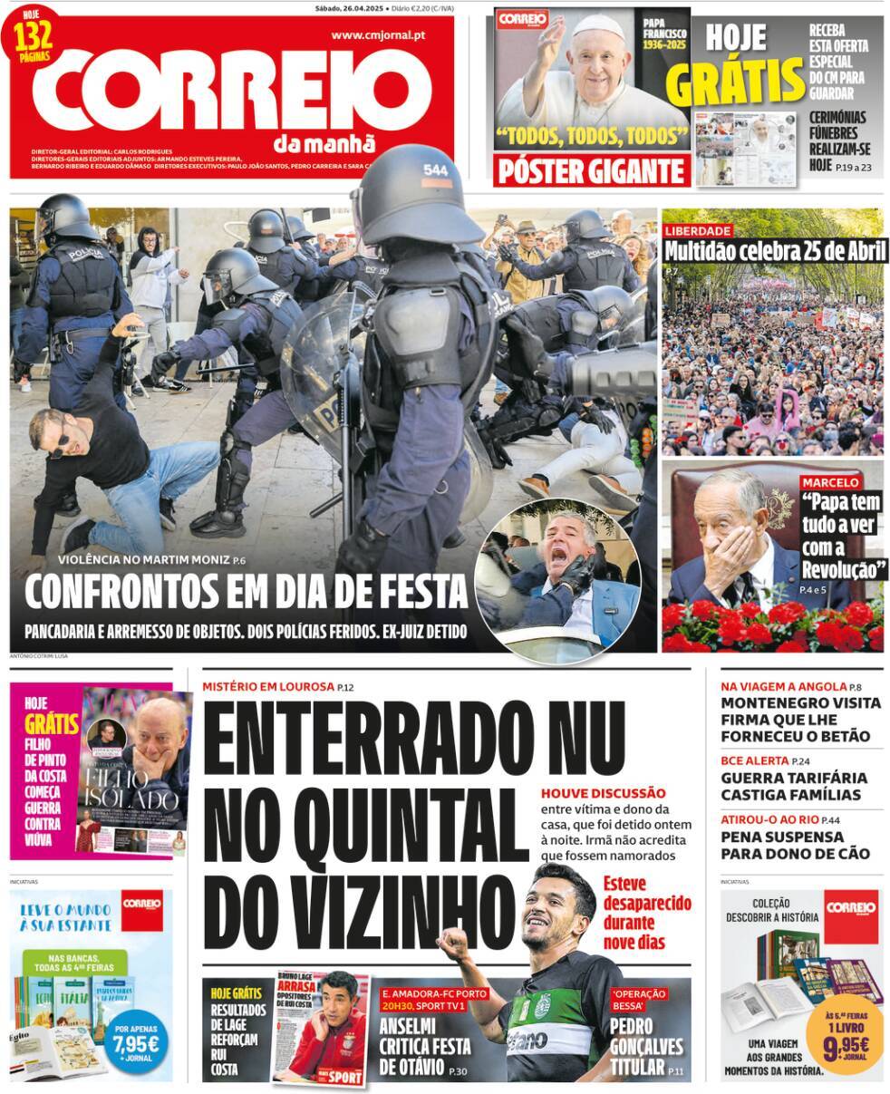 Correio da Manh&atilde;: Capa da Edi&ccedil;&atilde;o de s&aacute;bado, 26 de abril 2025