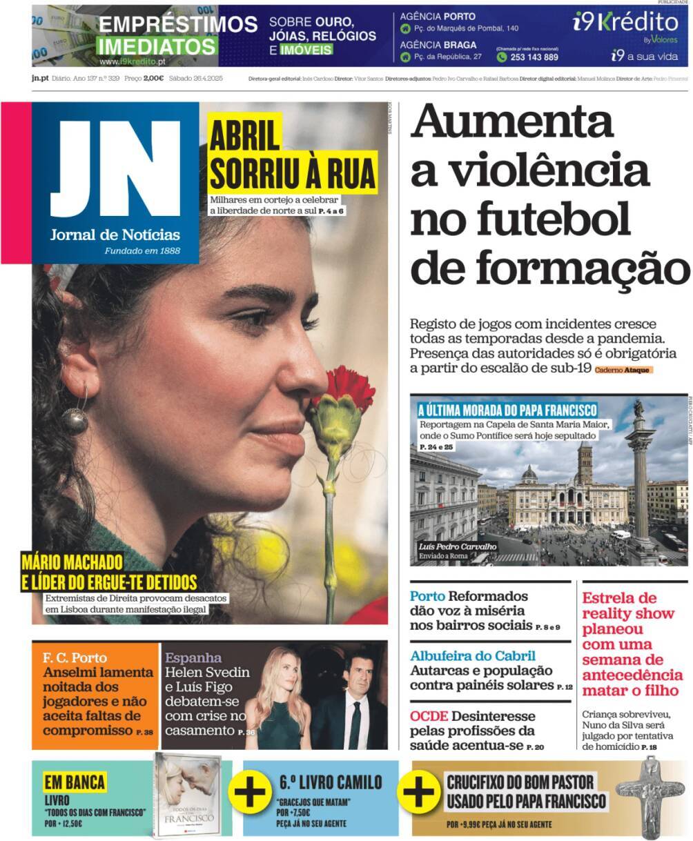 Jornal de Not&iacute;cias: Capa da Edi&ccedil;&atilde;o de s&aacute;bado, 26 de abril 2025